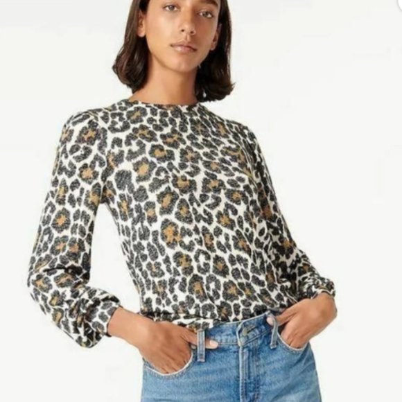 J. Crew Tops - J Crew Supercozy Puff Sleeve Pullover In Leopard Print